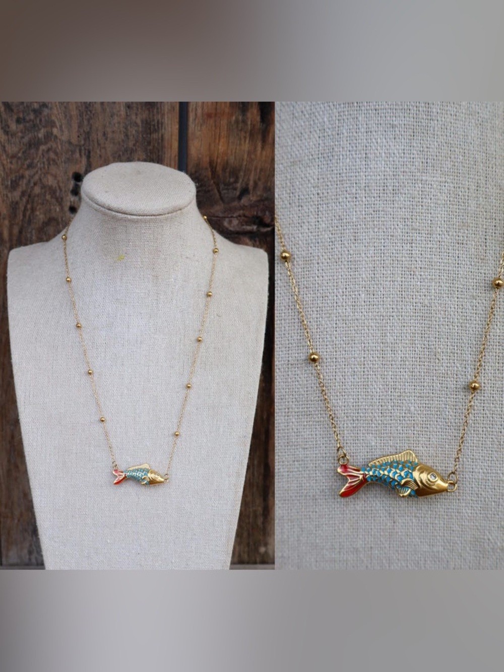Gold Fish Pendant Necklace with Blue and Red Enamel - Picture 2 of 3